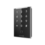 Cititor de proximitate cu tastatura Hikvision DS-K1109DKB, DESfire card, Felica card and M1 card, RS-485 and Wiegand (W26, W34), alimentare: 12 VDC, protectie: IP65, dimensiunii: 125 mm × 84.5 mm × 18 mm, montare aparenta.