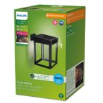 Aplica LED solara pentru exterior cu senzor de miscare Philips CAMILLSQUARE CLEAR, 1.4W, 4V, 250 lm, lumina calda (3000K), IP44,205x 190x140mm, Negru