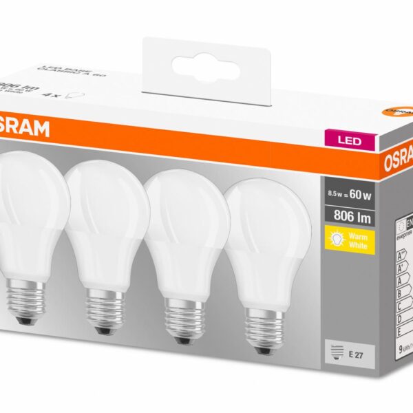 4 Becuri LED Osram Base Classic A, E27, 8.5W (60W), 806 lm, luminacalda(2700K)