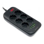 Prelungitor cu protectie Serioux, 6 prize schuko, input 100-240V, 50- 60Hz, output (Total): 2500W - 10A, 4 porturi USB, 4 porturi USB (5V- 3.1A) (Auto Max) 17W, Amperaj port USB (max) 3.4A, functie auto ID, antistatic, buton power/off, lungime cablu 2m,negru, SRXP-PS66B - Image 2