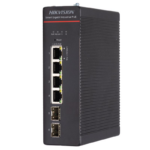 Switch PoE Hikvision DS-3T1506HP-SI-4P2F: 4 x Gigabit Hi-PoE RJ45 Ports, 2 × Gigabit SFP Fiber Optical Ports, 4 porturi Hi-PoE maxim 90W, buget PoE 300W, tensiune alimentare: 48 V DC, 57 A / 52 V~57 V recommended input voltage to ensure stable power supply, IP40, dimensiuni: 155.00 mm × 46.00