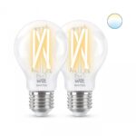 2 Becuri LED inteligente vintage (decorative) WiZ ConnectedFilamentClearA60, Wi-Fi, E27, 7W (60W), 806 lm, lumina alba (2700-6500K),compatibilGoogle Assistant/Alexa/Siri