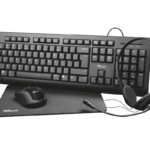 Kit office Trust Primo 4-in-1, contine tastatura, mouse wireless, casti si mouse pad, negru