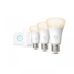 Pachet 3 Becuri LED inteligente Philips Hue A60, Bluetooth, E27 ,9.5W(75W), 1055 lm, lumina calda (2700K) + Consola Hue Bridge + Intrerupatorcu variator