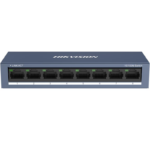 Switch Hikvision DS-3E0108-O: 8 × 10/100 Mbps RJ45 Port, tensiune alimentare 5 VDC, 1A., dimensiuni: 142.4 mm × 25.6 mm × 53.1 mm, greutate: 0.2 kg, montare pe birou sau pe perete.