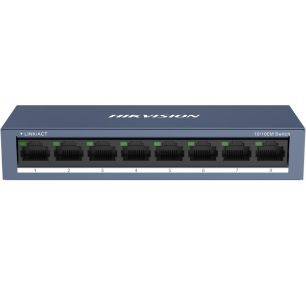 Switch Hikvision DS-3E0108-O: 8 × 10/100 Mbps RJ45 Port, tensiune alimentare 5 VDC, 1A., dimensiuni: 142.4 mm × 25.6 mm × 53.1 mm, greutate: 0.2 kg, montare pe birou sau pe perete.