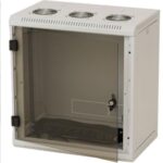 Rack de perete Triton sectiune simpla 6U 500mm adancime usa sticla panouri laterale detasabile, sectiuni acces cabluri sus/jos/spate securizare cu cheie, 1 pereche montanti reglabili, fabricat din tabla galvanizata IP30 gri