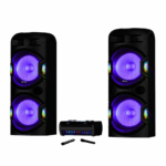 Sistem audio dual cu amplificator Akai, bluetooth V5.0, difuzoare 4 x woofere de 15" și 4 x tweetere de 1.5", frecventa de raspuns 20Hz - 20KHz, sistem de lumini LED pentru karaoke, afisaj LED dublu, un microfon inclus, 2 x port USB, 2 x slot SD, 2 x AUX, 2