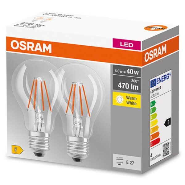 2 Becuri LED Osram Base Classic A, E27, 4W (40W), 470 lm, lumina calda(2700K), cu filament