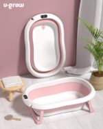 Cadita cu pernuta pentru bebelusi, termometru digital incorporat, pliabila, dop se scurgere, picioare anti-alunecare , roz, U-Grow - Image 4