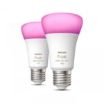 2 Becuri LED RGB inteligente Philips Hue A60, Bluetooth, E27, 9W (75W) ,1100 lm, lumina alba si color (2000-6500K)