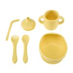 Set 4 piese diversificare din silicon: Cana cu pai, bol , lingurita si furculita, galben, U-Grow - Image 3