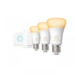 Pachet 3 Becuri LED inteligente Philips Hue A60, Bluetooth, E27,8W(75W), 1100 lm, lumina alba (2200-6500K) + Consola Hue Bridge +Intrerupator cu variator