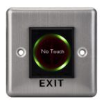 Buton de iesire cu infrarosu, incastrabil, ND-EB15-2;Iesire contact:NO/NC; Icon: No Touch; LED stare Bi-color: albastru- verde; Distanta actionare: 5-15cm; Dimensiuni: (L x W x H)86 x 86 x 25mm;