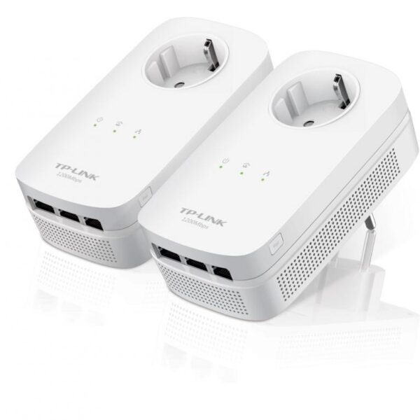 Tp-link AV1200 3-Port Gigabit Passthrough Powerline Starter Kit, 1200Mbps Powerline Datarate, Line-Neutral/Line-Ground 2*2 MIMO, 3 Gigabit Ethernet ports, HomePlug AV2, Green Powerline,  Plug and Play, Twin Pack