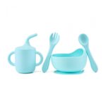 Set 4 piese diversificare din silicon: Cana cu pai, bol , lingurita si furculita, blue, U-Grow - Image 2