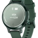 Ceas Garmin Lily 2 Active, display AMOLED, dimensiune afisaj 25,4 mm x 21,3 mm,rezolutie afisaj 240 x 201 pixeli, memorie 8GB, autonomie pana la 9 zile, rezistanta la apa pana la 5 ATM, greutate: 24,4g, ramă Jasper Green şi curea Jasper Green din silicon