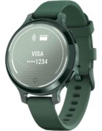 Ceas Garmin Lily 2 Active, display AMOLED, dimensiune afisaj 25,4 mm x 21,3 mm,rezolutie afisaj 240 x 201 pixeli, memorie 8GB, autonomie pana la 9 zile, rezistanta la apa pana la 5 ATM, greutate: 24,4g, ramă Jasper Green şi curea Jasper Green din silicon