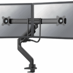 Brat dublu pentru monitor Neomounts, tip full motion, pentru display-uri cu diagonale 17"-32", sistem de prindere VESA 75x75~100x100mm, greutate maxima suportata 8kg per ecran, tilt  +10°, -10°, swivel +90°, -90°, rotate +180°, -180°, reglabil pe inaltime 28cm, ajustarea latimii 54cm, ajustarea