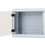 Rack de perete Triton sectiune simpla 9U 600mm adancime usa sticla panouri laterale detasabile sectiuni ventilatie activa, sectiuni acces cabluri sus/jos/spate securizare cu cheie, 1 pereche montanti reglabili IP30 gri