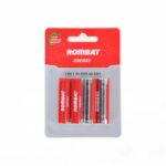 Bateriile alcaline Rombat se comercializează la cutie colectiva de 12 blistere a câte 4 bucăți. ➢ Tensiune nominală: 1,5V ➢ Temperatură de operare: -30~50ºC ➢ Capacitate nominală: 2220 mAh (43Ω 4h/zi 0,9 V) ➢ Durata de viaţă la raft (depozitare fără utilizare) : 5 ani ➢ Data expirării este înscrisă