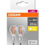 2 Becuri LED Osram Base Classic P, E14, 4W (40W), 470 lm, lumina calda(2700K), cu filament