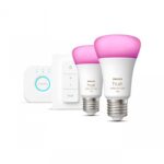 Pachet 2 Becuri LED RGB inteligente Philips Hue A60, Bluetooth, E27 ,9W(75W), 1100 lm, lumina alba si color (2000-6500K) + Consola Hue Bridge+Intrerupator cu variator
